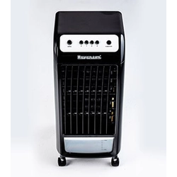Ravanson-Klimaanlage KR-1011 (75W; 3 Luftdurchsätze: hoch, mittel, niedrig, Kühlung mit einer Wasserpumpe, maximale Luftgeschwindigkeit: 8 m / s, Möglichkeit der Verwendung von Kühlpatronen, rotierende Räder und Griffe, Luftstrom: 4