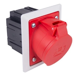 Red board slanted socket 16A 5P with flush-mounted box and frame