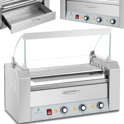 Roller grill heater for hot dogs with drawer and cover - 5 rolls