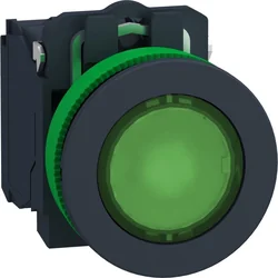 Schneider Electric Harmony XB5 Осветен бутон, плосък пластмасов. зелен fi30 интегриран светодиод 230…240 V AC 1Z + 1R XB5FW33M5