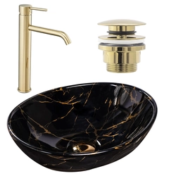 Set marmura neagra Sofia + mixer inalt Lungo gold + pluta universala gold