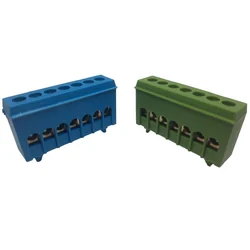 Set of terminal block clamps bars for grounding and neutral blue and green on rail 7 max holes 16mm² 63A isolated