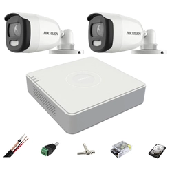 Sistem supraveghere Hikvision 2 camere 5MP 2.8mm ColorVU, lumina alba 20m, DVR 4 canale, accesorii, hard disk 1TB