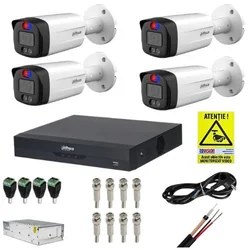 Sistema completo de vigilancia Dahua 4 cámaras 5MP Alarma Micrófono Inteligente Luz dual IR 40m Luz blanca 40m Lente 3.6mm, DVR 4 canales 8MP 4K Audio WizSense , Accesorios de montaje + Adhesivo Rovision de REGALO