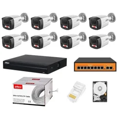 Sistema completo de vigilancia Dahua 8 Cámaras IP 4MP Luz Dual 30m Micrófono NVR 8 Canales HDD y accesorios de instalación incluidos