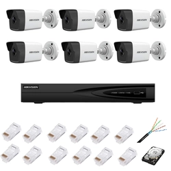 Sistema de vigilância completo com 6 câmeras IP, 4MP, 2.8mm, lente IR 30m, NVR com resolução 8 canais IP 4k, acessórios