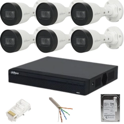 Sistema de vigilância Dahua 6 câmeras externas, IP, 2MP, IR 30M, PoE, Bullet, NVR 8 canais, PoE