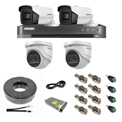 Sistema de vigilância misto 4 câmeras: 2 dome 8MP IR 30m, 2 bullet 4 em 1 8MP IR 80m, DVR %p9/ % canais 4K 8MP, acessórios