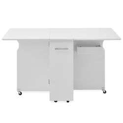 Składany stół na kółkach z półkami, otwieranym blatem, biały
