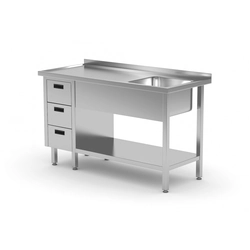 Stainless Steel Catering Table With Shelf + Sink + 3 Drawers 100x60x85 Polgast 215106-3