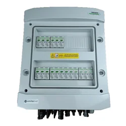 Свързване на фотоволтаично таблоDC херметичен IP65 EMITER с DC ограничител на пренапрежение Noark 1000V тип 1+2, 6x PV низ, 6x MPPT