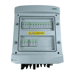 Свързване на фотоволтаично таблоDC херметичен IP65 EMITER с DC ограничител на пренапрежение Noark 1000V тип 2, 6x PV низ, 6x MPPT