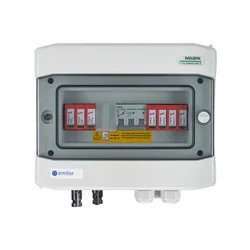 Свързване на фотоволтаично таблоDCAC херметичен IP65 EMITER с DC ограничител на пренапрежение Dehn 1000V тип 2, 1 x PV верига, 1 x MPPT // ограничение.AC Dehn тип 2, 25A 3-F