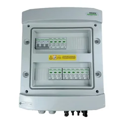Свързване на фотоволтаично таблоDCAC херметичен IP65 EMITER с DC ограничител на пренапрежение Dehn 1000V тип 2, 3 x PV верига, 3 x MPPT // ограничение.AC Dehn тип 2, 40A 3-F