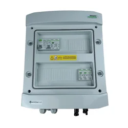 Свързване на фотоволтаично таблоDCAC херметичен IP65 EMITER с DC ограничител на пренапрежение Noark 1000V тип 1+2, 1 x PV низ, 1 x MPPT // ограничение.AC Noark тип 1+2, 10A 1-F, RCD 40A/100mA