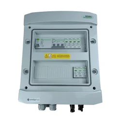 Свързване на фотоволтаично таблоDCAC херметичен IP65 EMITER с DC ограничител на пренапрежение Noark 1000V тип 2, 1 x PV низ, 1 x MPPT // ограничение.AC Noark тип 2, 10A 3-F, RCD тип A 40A/300mA
