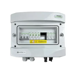 Свързване на фотоволтаично таблоDCAC херметичен IP65 EMITER с DC ограничител на пренапрежение Noark 1000V тип 2, 1 x PV низ, 1 x MPPT // ограничение.AC Noark тип 2, 25A 3-F