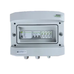 Свързване на фотоволтаично таблоDCAC херметичен IP65 EMITER с DC ограничител на пренапрежение Noark 1000V тип 2, 2 x PV низ, 2 x MPPT // ограничение.AC Noark тип 2, 16A 1-F