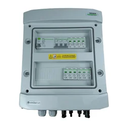 Свързване на фотоволтаично таблоDCAC херметичен IP65 EMITER с DC ограничител на пренапрежение Noark 1000V тип 2, 2 x PV низ, 2 x MPPT // ограничение.AC Noark тип 2, 16A 3-F, RCD тип A 40A/300mA