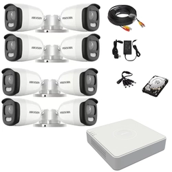 Système de surveillance 8 caméras ColorVU 5MP Hikvision, 2.8mm, lumière blanche 20m, DVR 8 canaux, accessoires de montage, disque dur