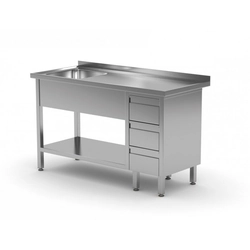 Table with sink, shelf and cabinet with three drawers - compartment on the left 1100 x 600 x 850 mm POLGAST 215116-3-L 215116-3-L