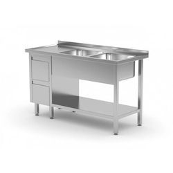 Tavolo con due lavandini, ripiano e mobile con due cassetti - scomparti a destra 1700 x 600 x 850 mm POLGAST 225176-P 225176-P