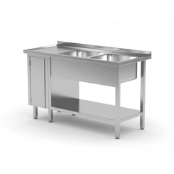 Tavolo con due lavelli, ripiano e mobile con ante battenti - vani a destra 1700 x 700 x 850 mm POLGAST 226177-P 226177-P