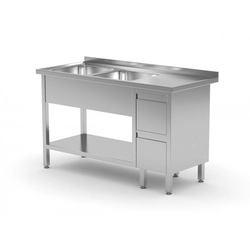 Tisch mit zwei Waschbecken, Regal und Schrank mit zwei Schubladen - Fächer auf der linken Seite 1600 x 700 x 850 mm POLGAST 225167-L 225167-L