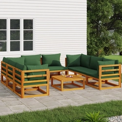 VidaXL 9-cz. zestaw wypoczynkowy do ogrodu, zielone poduszki, drewno