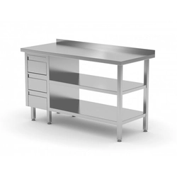 Wandtisch, Schrank mit drei Schubladen und zwei Regalen - Schubladen auf der linken Seite 1300 x 600 x 850 mm POLGAST 125136-3-L/2 125136-3-L/2