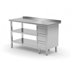 Wandtisch, Schrank mit drei Schubladen und zwei Regalen - Schubladen auf der rechten Seite 1400 x 700 x 850 mm POLGAST 125147-3-P/2 125147-3-P/2