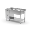 Cateringbord i rustfrit stål med 2 vaske + 2 Skuffer + hylde 150x60x85 Polgast 225156