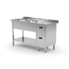 Cateringbord i rustfrit stål med 2 vaske + 2 Skuffer + hylde 150x60x85 Polgast 225156