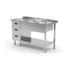 Cateringbord i rustfrit stål med 2 vaske + 3 Skuffer + hylde 140x70x85 Polgast 225147-3