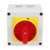 Interruptor 20A 5.5kw 0-1 ON-OFF 3 poli IP65 75x75mm con leva industrial aplicada en caja con mango rojo amarillo