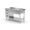 Mesa de catering de acero inoxidable con estante + fregadero + 3 Cajones 190x60x85 Polgast 215196-3