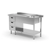 Stainless steel table with a shelf + sink + 3 drawers 170x60x85 | Polgast