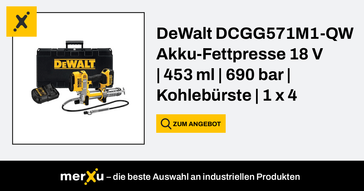 DeWalt DCGG571M1-QW Akku-Fettpresse 18 V, 453 ml, 690 bar, Kohlebürste, 1 x 4 Ah Akku + Ladegerät